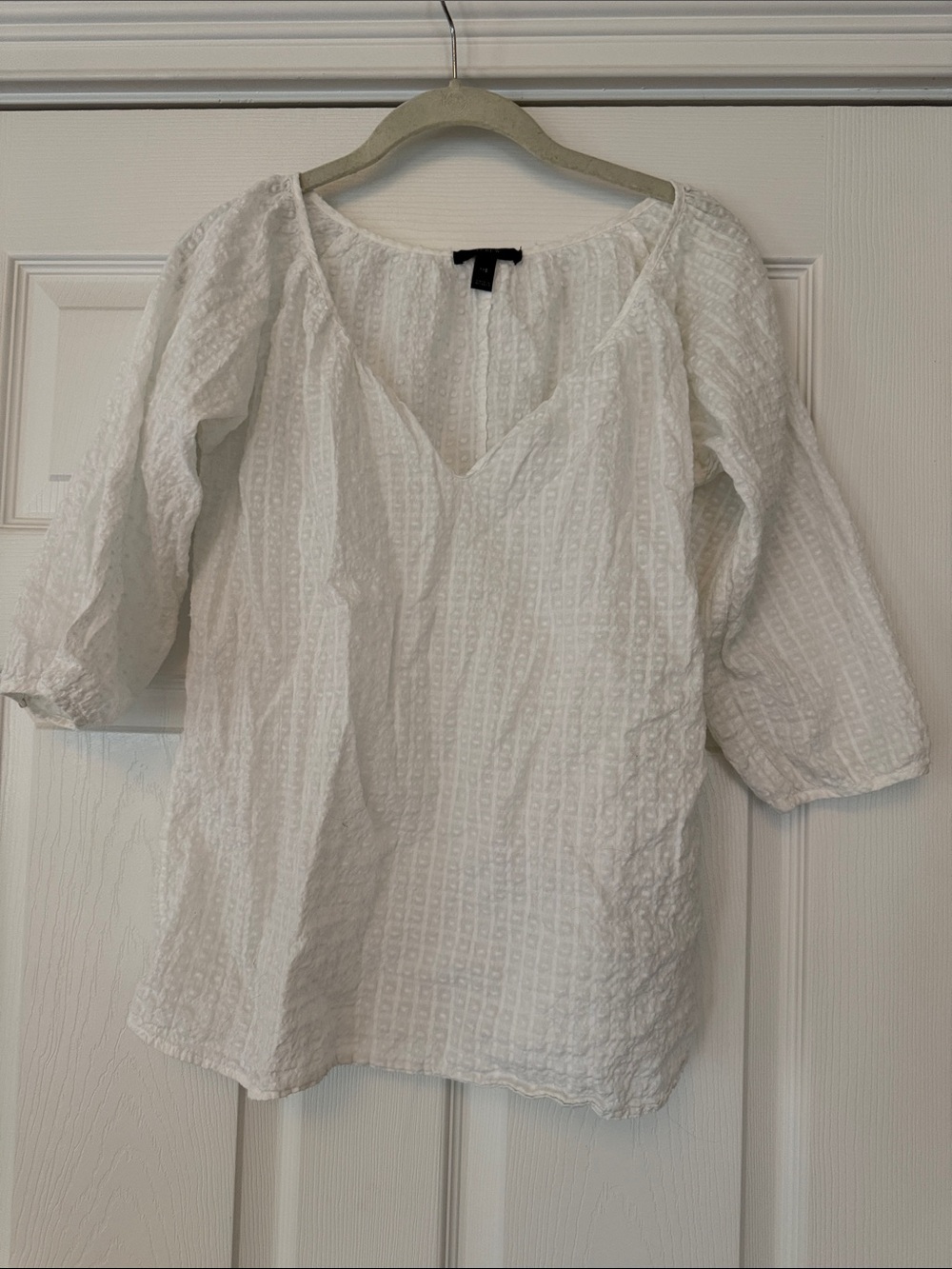 J. Crew White Textured V-Neck Peasant Blouse